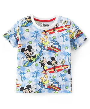 Babyhug Disney Cotton Half Sleeve T-Shirt With Mickey Mouse All Over Print - Blue
