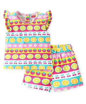 Babyhug Cotton Knit Single Jersey Frill Sleeves Night Suit With Fruits Theme Print - Multicolour