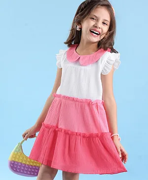 Babyhug Cotton Woven Frill Sleeves Color Blocked Frock - Pink & White