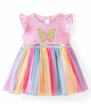 Babyhug 100% Cotton Jersey Knit Frill Sleeveless Frock with Sequinned Butterfly Design - Multicolour