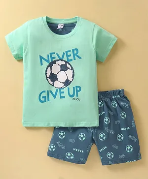 Cucumber Sinker Knit Half Sleeves T-Shirt & Shorts Set Soccer Ball Print  Mint Green & Blue