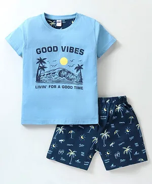 Cucumber Sinker Knit Half Sleeves T-Shirt & Shorts Set Beach Theme  Blue