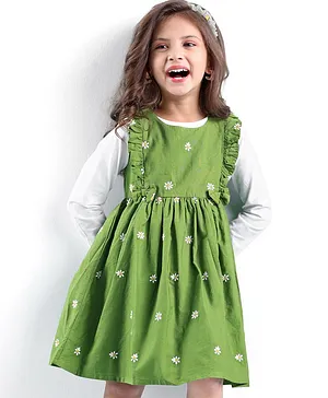 Babyhug 100% Cotton Poplin Woven Frock With Full Sleeves Inner T-Shirt with Floral Embroidery - Green