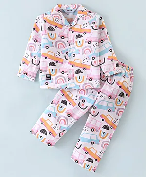 Enfance Core Cotton Woven Full Sleeves Car Printed Coordinating  Night Suit - Pink