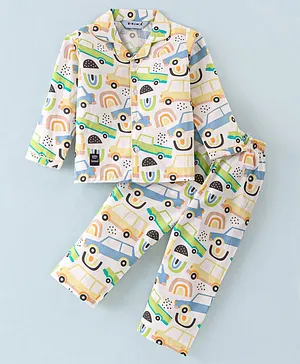 Enfance Core Cotton Woven Full Sleeves Car Printed Coordinating  Night Suit - Green