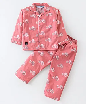 Enfance Core Cotton Woven Full Sleeves Vehicle Printed Coordinating Night Suit - Peach