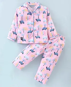 Enfance Core Cotton Woven Full Sleeves Tortoise Printed Coordinating Night Suit - Pink
