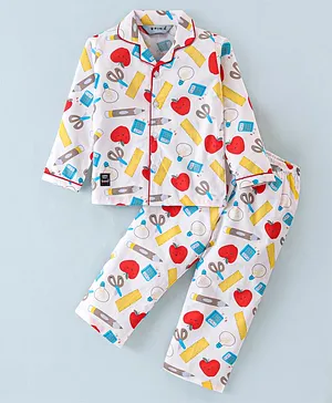 Enfance Core Cotton Woven Full Sleeves Apple Printed Coordinating  Night Suit - White