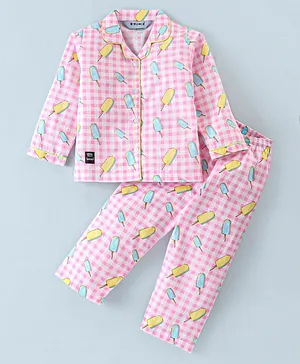 Enfance Core Cotton Woven Full Sleeves Checked & Ice Cream Printed Coordinating Night Suit - Pink