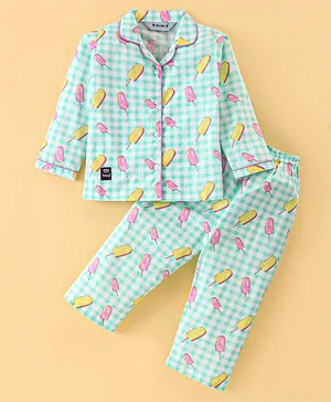 Enfance Core Cotton Woven Full Sleeves Checked & Ice Cream Printed Coordinating Night Suit - Sea Green