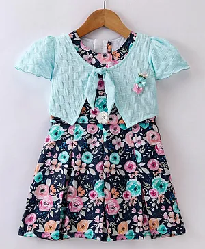 Enfance Core Half Sleeves Floral Printed With Box Pleated Dress With Jacket - Navy Blue