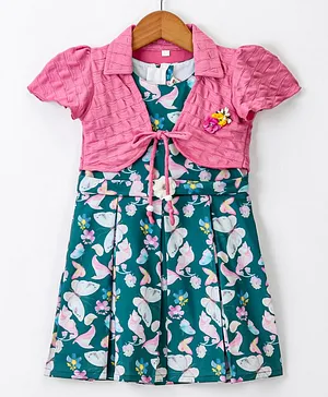 Enfance Core Half Sleeves Floral Printed With Box Pleated Dress & Jacket - Green