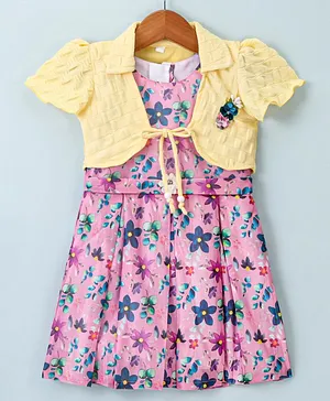 Enfance Core Half Sleeves Floral Printed With Box Pleated Dress & Jacket -  Pink