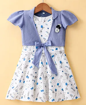 Enfance Core Half Sleeves Floral Printed Dress With Jacket - Blue