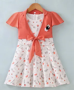Enfance Core Half Sleeves Floral Printed Dress With Jacket - Orange