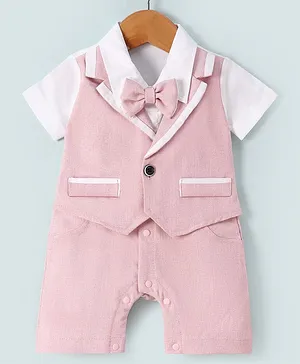 Mark & Mia Half Sleeves Partywear Romper With Bow Solid Colour - Pink & White