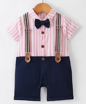 Mark & Mia Half Sleeves Party Wear Striped Romper with Bow - Pink