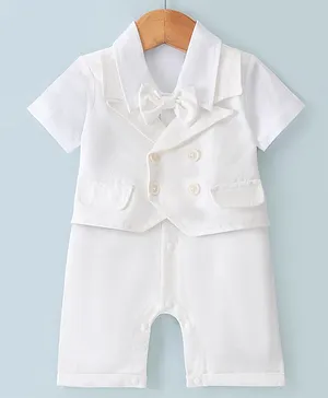Mark & Mia Half Sleeves Partywear Romper With Bow Detailing Solid Colour - White