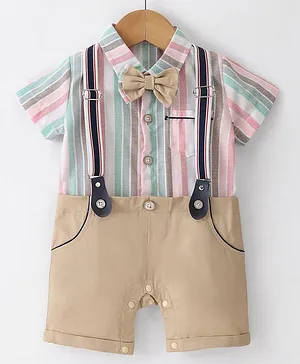 Mark & Mia Half Sleeves Party Wear Striped Romper with Bow - Multicolor