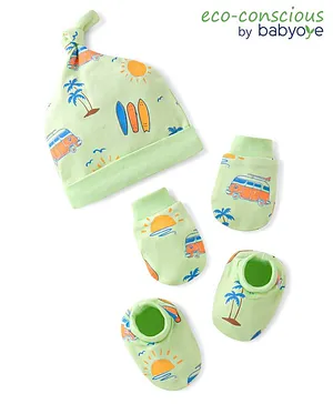 Babyoye 100% Cotton with Eco Jiva Finish Cap Gloves and Mittens Set Beach Theme -Green