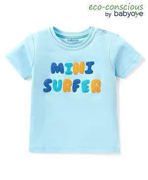 Babyoye 100% Cotton Half Sleeves T-Shirt with Embroidered Surfer Text - Light Blue