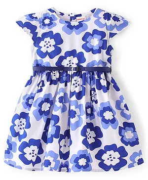 Babyhug Poplin Woven Cap Sleeves Floral Printed Frock with Belt - White