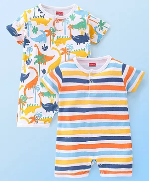 Babyhug 100% Cotton Interlock Knit Half Sleeves Romper Stripes & Dino Print Pack Of 2 - Multicolor