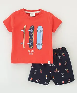 Ollypop Sinker Knit Half Sleeves T-Shirt & Shorts Set Skateboard Print - Pumpkin Red