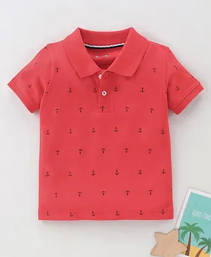 Kookie Kids Half Sleeves Polo T-Shirt Anchor Print - Red