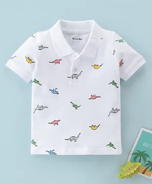 Kookie Kids Half Sleeves Polo T-Shirt Dino Print - White