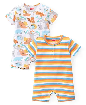 Babyhug 100% Cotton Knit Half Sleeves Rompers With Striped & Animals Print Pack of 2 - White & Orange