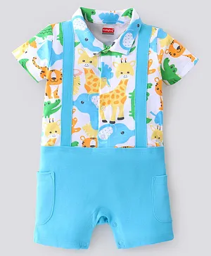 Babyhug 100% Cotton Knit Half Sleeves Romper Giraffe Print - Blue