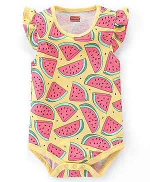 Babyhug 100% Cotton Interlock Knit Frill Sleeves Onesies Watermelon Print - Yellow