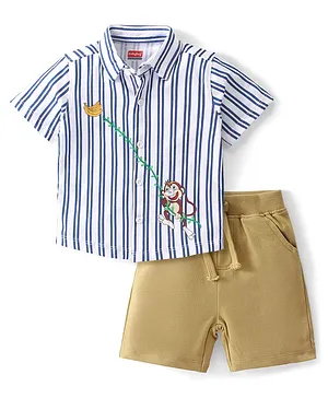 Babyhug 100% Cotton Knit Single Jersey Half Sleeves Shirt & Shorts With Striped & Monkey Print - Blue & Brown