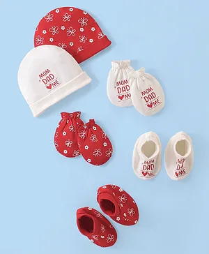Doodle Poodle Cotton Caps Mittens and Booties Floral & Text Print Pack of 2 Bright White & High Risk Red - Diameter 15 cm