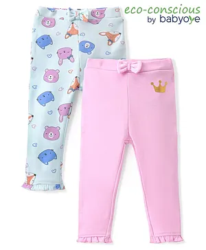 Babyoye 100% Cotton Interlock Full Length Leggings With Teddy Print Pack Of 2 - Blue & Pink