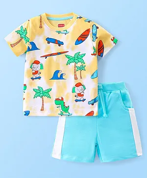 Babyhug 100% Cotton Knit Single Jersey Half Sleeves T-Shirt & Shorts With Dino Print - Yellow & Blue