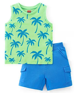 Babyhug 100% Cotton Knit Sleeveless Palm Tree Printed T-Shirt & Shorts Set - Green & Blue