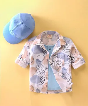 Rikidoos Full Sleeves Abstract Printed Shirt With Attached Tee With Cap - White & Sky Blue