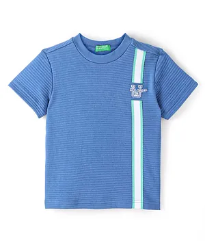 UCB Cotton Knit Half Sleeves T-Shirt with   Text  Patch Solid Colour  - Blue