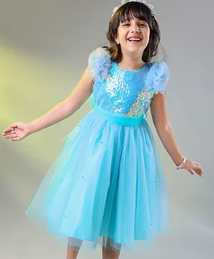 Mark & Mia  Sleeveless Three Fourth Party  Frock with Sequins & Frill Detailing - Blue