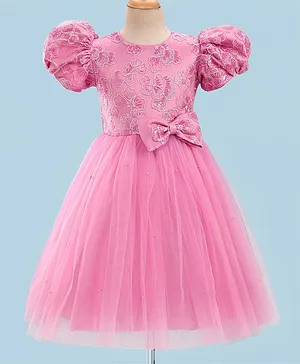 Mark & Mia Woven Half sleeves Three Fourth Partywear Frock With Bow Applique & Floral Embroidery -Deep Pink