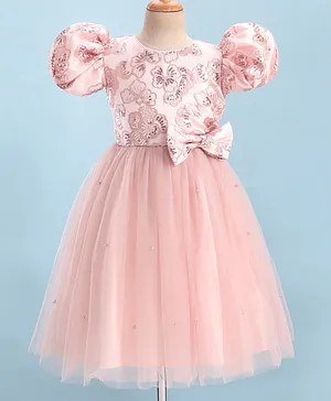 Mark & Mia Woven Half sleeves Three Fourth Partywear Frock With Bow Applique & Floral Embroidery -Light Pink
