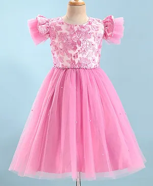 Mark & Mia Cap Sleeves Party Frock with Floral Embroidery & Beads Detailing - Pink
