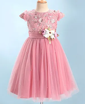 Mark & Mia  Cap Sleeves Three Fourth  Party  Frock Floral Embroidery & Applique - Pink