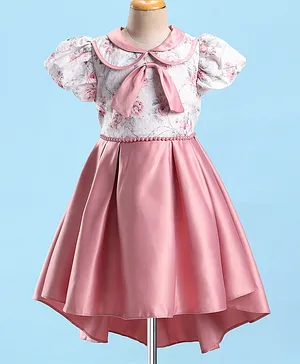 Mark & Mia  Half Sleeves High Low Party Frock with Floral Print & Bow Applique - Pink