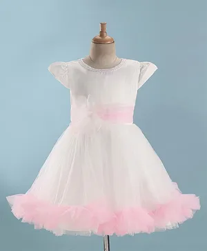 Mark & Mia  Cap Sleeves Party Frock with Floral Applique - Pink & White