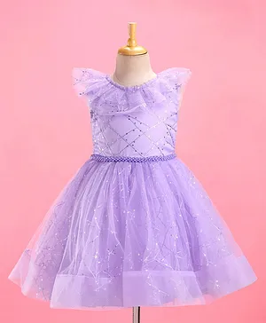 Mark & Mia Woven Sleeveless Knee Length Partywear Frock with Sequin Detailing & Frill Design - Purple