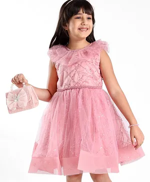Mark & Mia Woven Sleeveless Knee Length Partywear Frock with Sequin Detailing & Frill Design - Pink