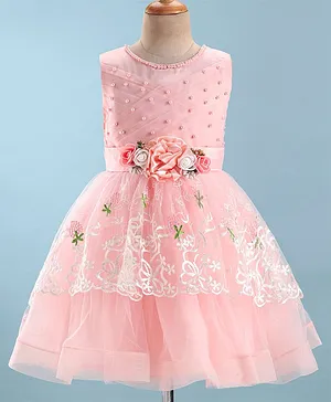 Mark & Mia Sleeveless  Embroidered  Party Frock with Beads Detailing & Floral Applique - Peach